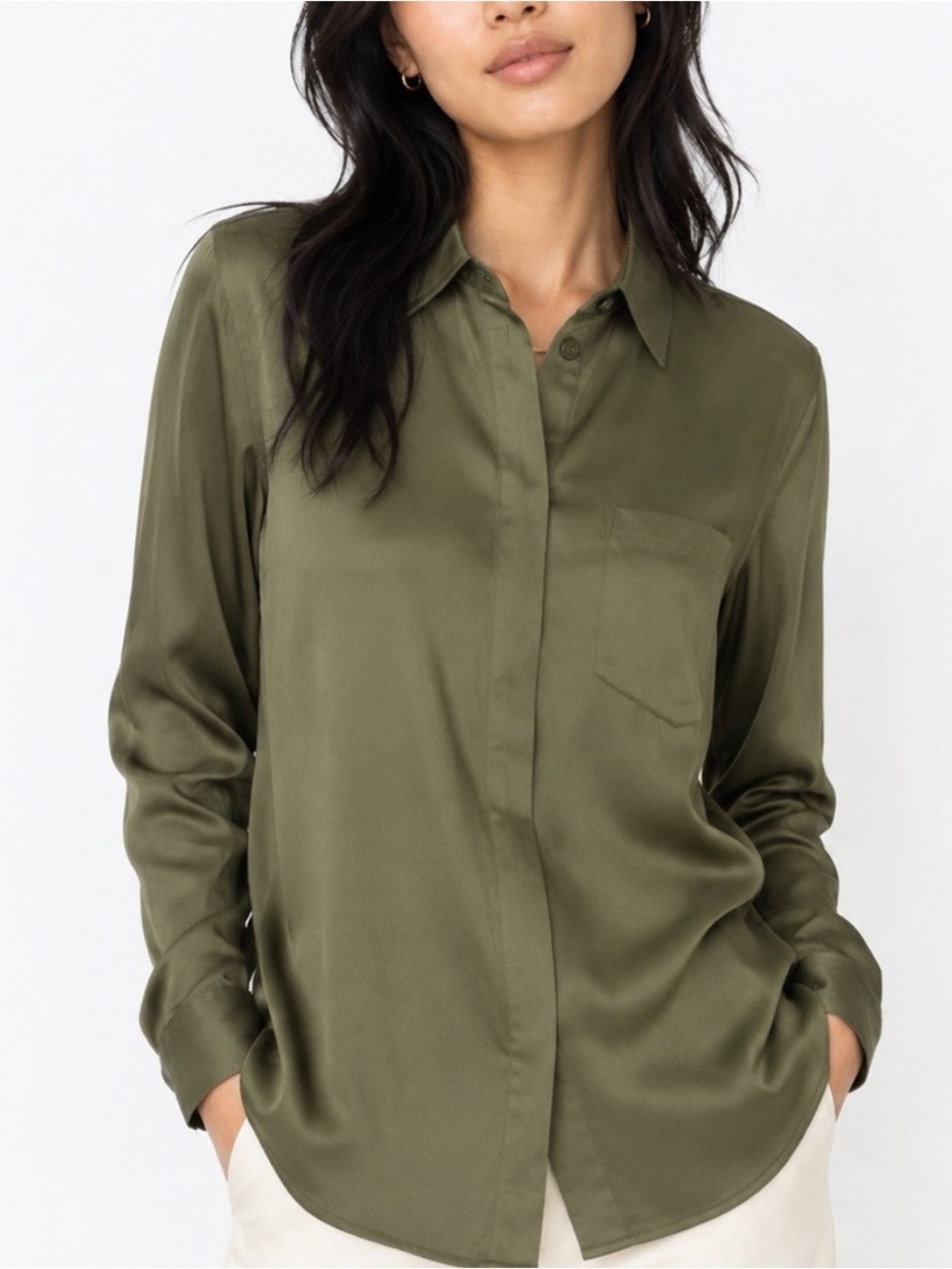 J Crew  Olive Green 100% silk Button-Up Blouse, 8P NWT